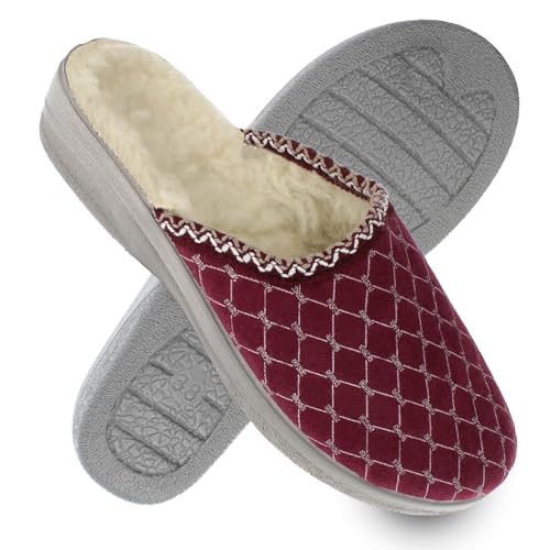 filsko Gefütterte Damen Hausschuhe | in rot Hafnir | mit glitzerndem Rauten-Muster | gefüttert mit Schafwolle | bequeme PU-Sohle | EU-Schuhgröße 39 von filsko