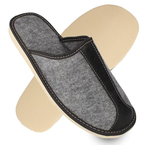 filsko Hausschuhe Herren - Filz Pantoffeln - Dent EVA Laufsohle - mit Lederstreifen - Grau - Größe 47 von filsko