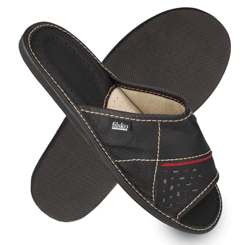 filsko Hausschuhe Herren - Leder Pantoffeln - Levice EVA Laufsohle - Schwarz - offen - Größe 50 von filsko