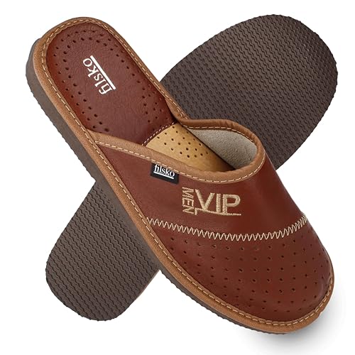 filsko Hausschuhe Herren - Leder Pantoffeln - mit VIP Stickerei - Urk EVA Laufsohle - Braun - Größe 47 von filsko