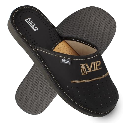 filsko Hausschuhe Herren - Leder Pantoffeln - mit VIP Stickerei - Urk EVA Laufsohle - Schwarz - Größe 45 von filsko