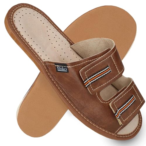 filsko Hausschuhe Herren - Pantoffeln - Klettverschluss - Kasin EVA Laufsohle - Braun - Größe 44 von filsko