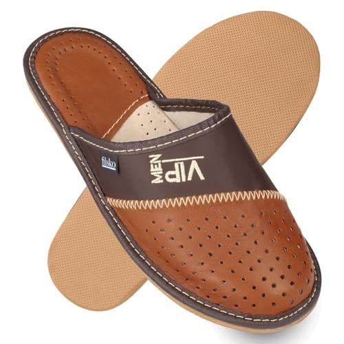 filsko Hausschuhe Herren - Pantoffeln - mit VIP Stickerei - Monaco EVA Laufsohle - Braun - Größe 41 von filsko