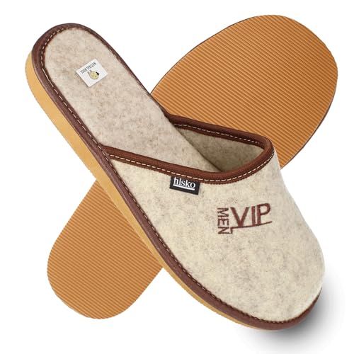 filsko Hausschuhe Herren - Wollfilz Pantoffeln - mit VIP Stickerei - Munich EVA Laufsohle - Beige - Größe 48 von filsko