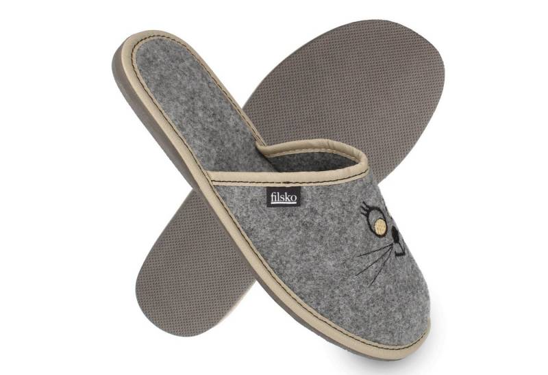 filsko Holmsund Damen Hausschuh Katzen Hausschuhe, Katzengesicht, Filzhausschuhe, Slip-On, Open-Toe von filsko