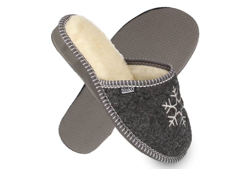 filsko Hübsche Winter-Pantoffeln mit Schneeflocken Hausschuh mit Schafwolle von filsko