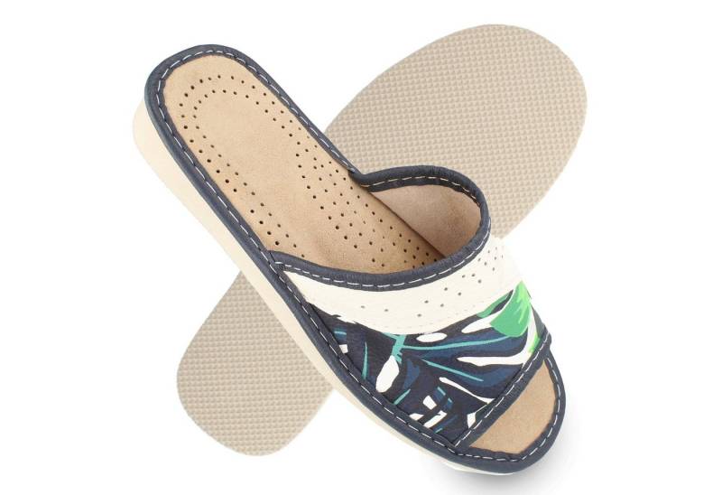 filsko Karvia Damen Hausschuh offen Sommer Leder Blumen Muster Hausschuh von filsko