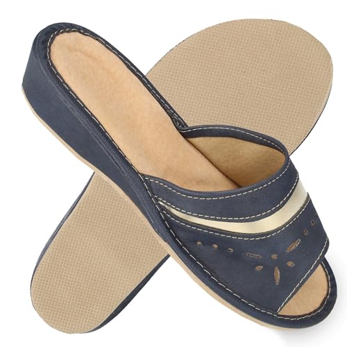 filsko Offene Damen Pantoletten mit Absatz | in blau Opatija | mit golden-farbigem Kunstlederstreifen | Leder Hausschuhe | bequeme EVA-Sohle | EU-Schuhgröße 38 von filsko