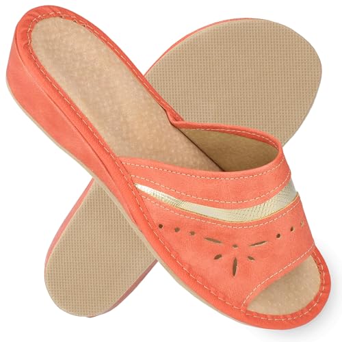 filsko Offene Damen Pantoletten mit Absatz | in orange Opatija | mit golden-farbigem Kunstlederstreifen | Leder Hausschuhe | bequeme EVA-Sohle | EU-Schuhgröße 41 von filsko
