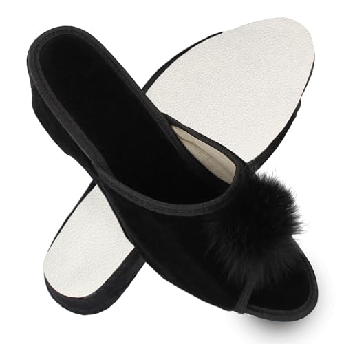 filsko Offene Damen Pantoletten mit Keilabsatz | Samtmaterial in schwarz Latina | Hausschuhe | mit flauschigem Puschel | Absatz 4,8 cm | EU-Schuhgröße 35 von filsko