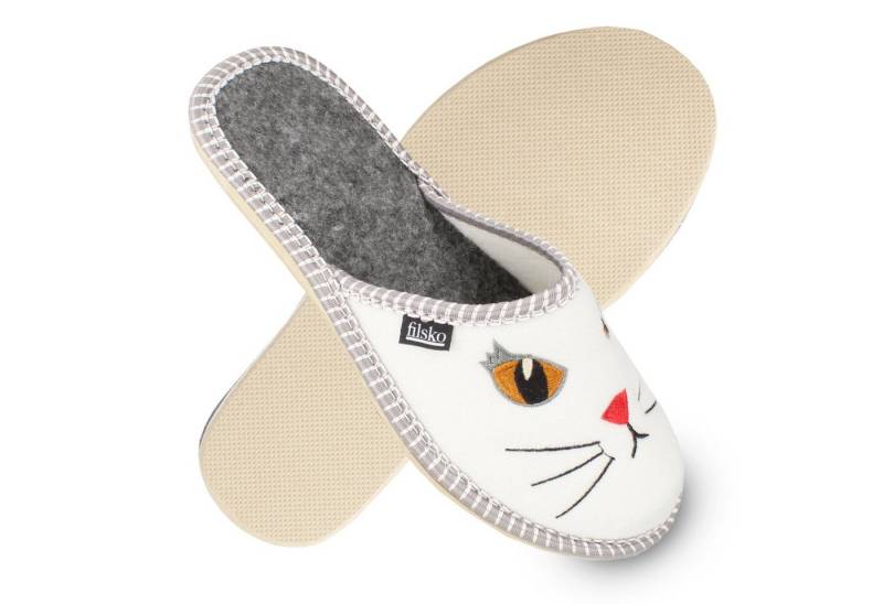filsko Litton Damen Hausschuh Pantolette mit Katzenaugen, weißer Filz, gefüttert, ungefüttert von filsko