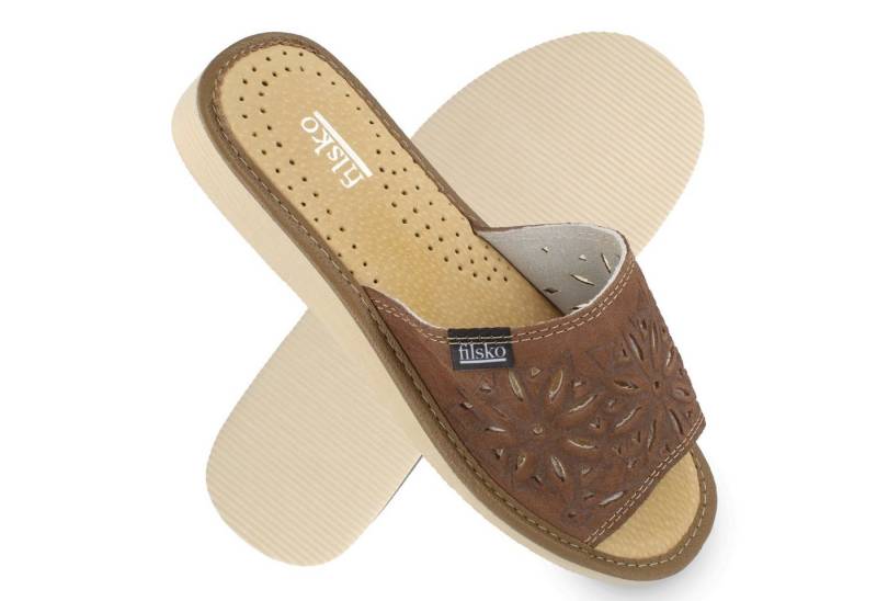 filsko Zafra Damen Hausschuh Veloursleder mit Blumenmuster, offene Pantoletten, Slip-On von filsko