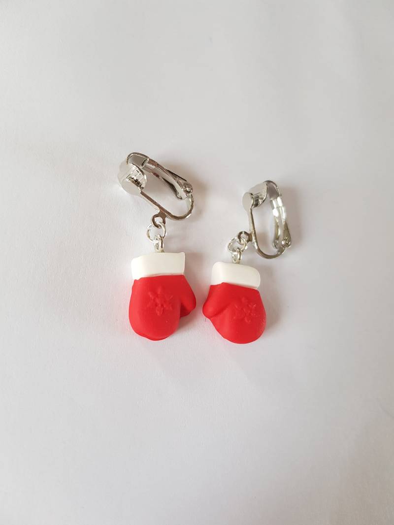 Handschuhe, Weihnachtsmannhandschuhe, Fimo Ohrclips, Weihnachtsthemenringe, Paar Fäustlinge, Rot-Weiß, Weihnachtsgeschenk, Adventskalender von fimorelie