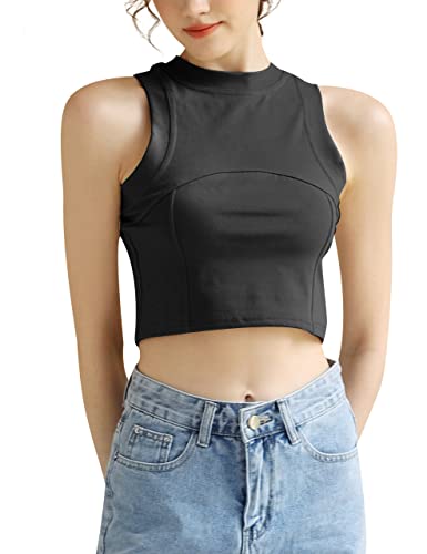 Tank Top Damen,Sexy Ärmellos Hochgeschlossen Kurz Crop Tops Y2K Bauchfrei Tanktops Shirts Schwarz S von find.