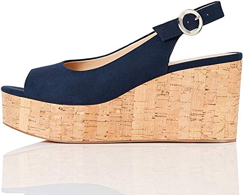 FIND Cork Peep Toe Sling Back Wedge, Peeptoe Pumps, Blau (Navy), 36 EU (3 UK) von find.