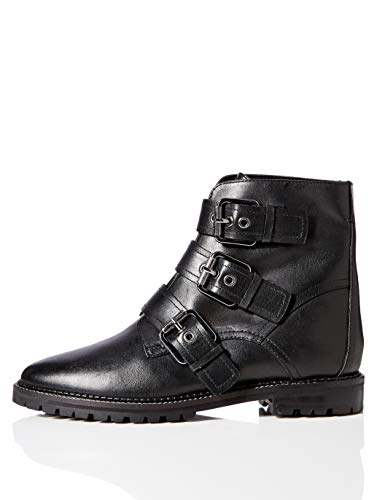 FIND Three Buckle Leather Biker, Damen Stiefeletten, Schwarz (Black Black), 37 EU (4 UK) von find.