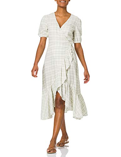 find. Damen Midi-Wickelkleid aus Leinen, Mehrfarbig (Soft Green Check), 36, Label: S von find.