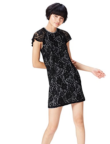 find. Damen Mini A-Linien-Kleid aus Spitze, Schwarz (Black/white Check), 36, Label: S von find.