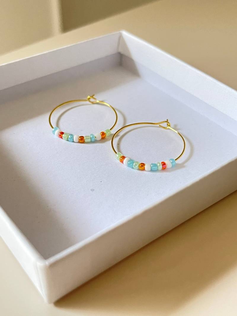 Creolen „ Unterwasserwelt " Mit Bunten Glasperlen Perlenschmuck Goldschmuck Perlenohrringe von findkind