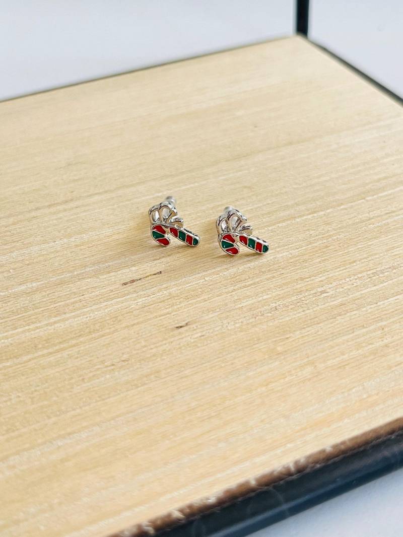 Ohrstecker Zuckerstange Silber Rot Weiß Streifen Weihnachtlicher Ohrschmuck Geschenk Für Frauen Weihnachtsohrringe von findkind