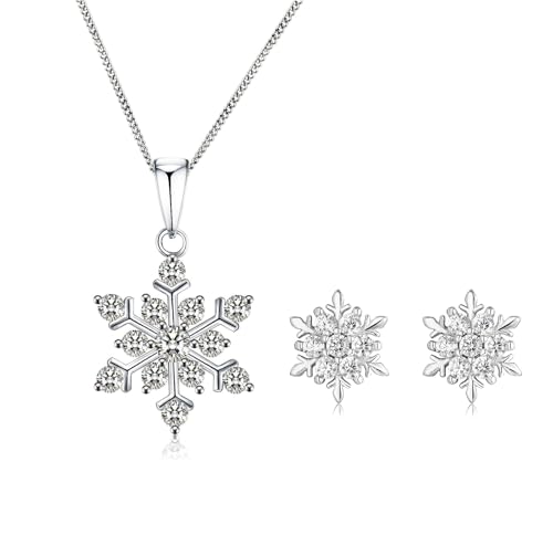 Baobei Kristall Halskette Schmuck Set Zirkonia glänzend Sterling Silber Schneeflocke Anhänger Halskette und Ohrstecker Geschenk für Frauen Mädchen mit Silberkette Schmuckschatulle (f1469) von Kaguyo