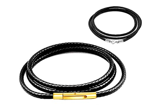 Findout 2mm schwarze wasserdichte geflochtene Lederhalskette für Herren, Gold Edelstahl-Schnallenverschluss lederschnur lederband kette für Damen, kostenlose Seidenkette 14-36 Zoll (16) von Findout