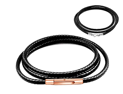 Findout 2mm schwarze wasserdichte geflochtene Lederhalskette für Herren, Roségold Edelstahl-Schnallenverschluss lederschnur lederband kette für Damen, kostenlose Seidenkette 14-36 Zoll (14) von Findout