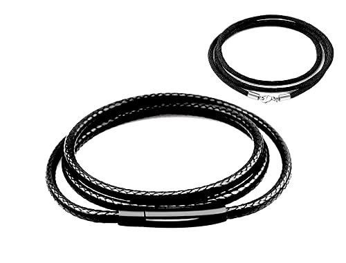 Findout 2mm schwarze wasserdichte geflochtene Lederhalskette für Herren, schwarze Edelstahl-Schnallenschließe lederschnur lederband kette für Damen, kostenlose Seidenkette 14-36 Zoll (18) von Findout