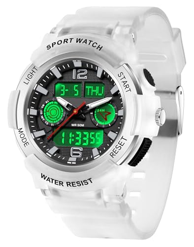 Analoge Digitale Armbanduhr für Teenager Studenten Sportuhr Jugendliche Jungen mit 3 Zeitzonen LED Stoppuhr Alarm Countdown Durchsichtige Weiß Wasserdicht von findtime