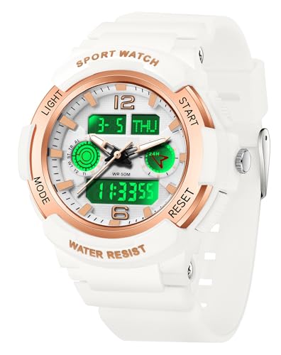 Analoge Digitale Armbanduhr für Teenager Studenten Sportuhr Jugendliche Jungen mit 3 Zeitzonen LED Stoppuhr Alarm Countdown Wasserdicht Weiß Gold von findtime