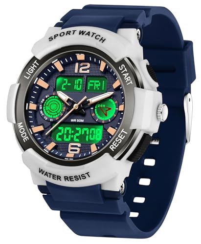 Analoge Digitale Armbanduhr für Teenager Wasserdicht Studenten Sportuhr Jugendliche Jungen mit 3 Zeitzonen LED Stoppuhr Alarm Countdown Blau Grau von findtime