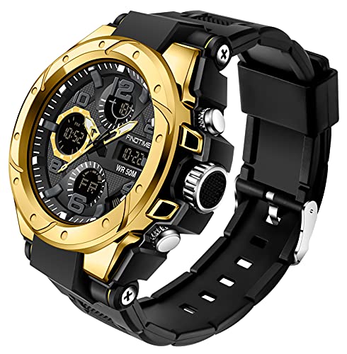 findtime Herren Digitaluhr Sport Outdoor LED Hintergrundbeleuchtung Alarm 12/24H Elektronisch Leicht Lesen 3ATM Wasserdicht Militäruhren für Männer Taktische Schwarz, Gold, Sportlich von findtime