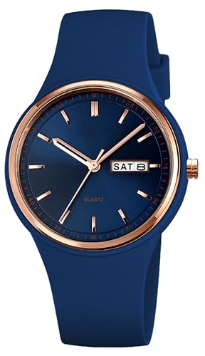 Analoge Uhren für Damen, Jelly Watch, minimalistischer Stil, Damen-Sportuhr, 3 ATM wasserdicht, Armbanduhr, Kalender, bunt, Quarzuhr, lässig, einfach, leicht zu lesendes Silikonarmband, dunkelblau von findtime