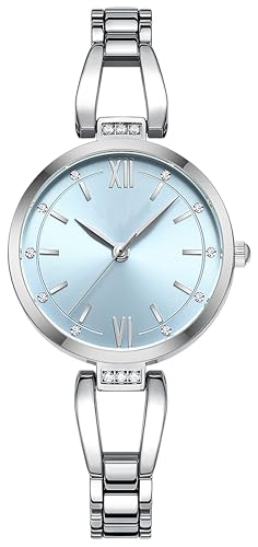 Armbanduhr Damen Analog Quarzuhr Klassische Elegante Damenuhr Minimalistische Design Klein Zifferblatt 3 Zeiger Wasserdicht Armband für Fraun Blau Silber Design Metallarmband von findtime