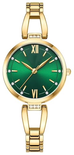 Armbanduhr Damen Analog Quarzuhr Klassische Elegante Damenuhr Minimalistische Design Klein Zifferblatt 3 Zeiger Wasserdicht Armband für Fraun Grün Gold Design Metallarmband von findtime