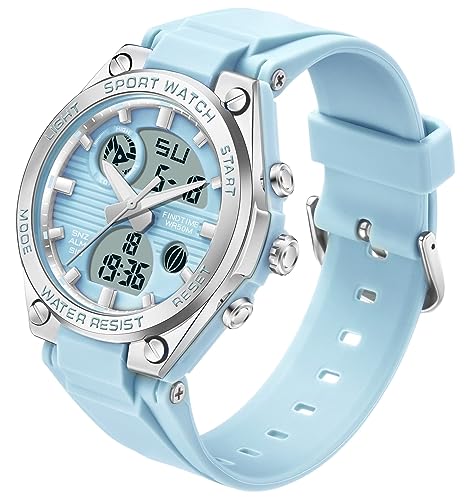 findtime Damen-Sport-Digitaluhr, Armbanduhr für Damen, mit Doppelzeit, Datumsanzeige, leuchtende Hintergrundbeleuchtung, Wochenalarm, Stoppuhr, Weiß, Schwarz, Blau, Grün, blau, Riemen von findtime