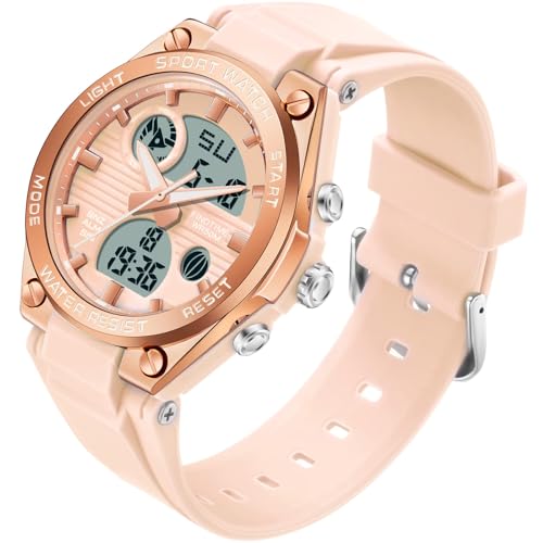 Damen Uhr Digital Armbanduhr mit Silikonarmband 50M Wasserdicht Digitaluhr für Mädchen Jungen Analog Digital Sportuhr mit Alarm Datum LED Kinderuhr Elektronisch Rosa von findtime