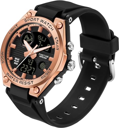 Damen Uhr Digital Armbanduhr mit Silikonarmband 50M Wasserdicht Digitaluhr für Mädchen Jungen Analog Digital Sportuhr mit Alarm Datum LED Kinderuhr Elektronisch Rosegold von findtime