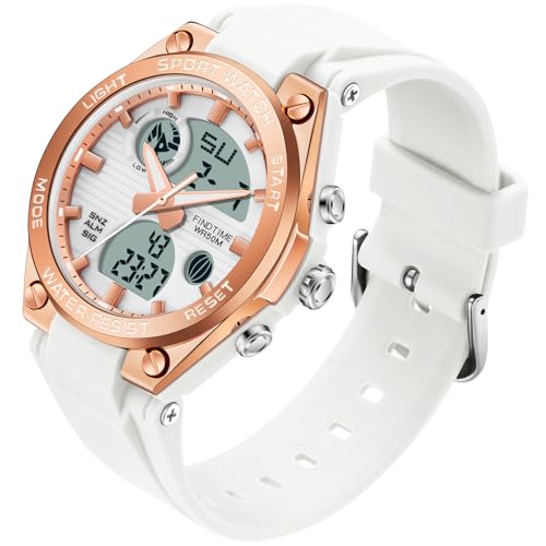 Damen Uhr Digital Armbanduhr mit Silikonarmband 50M Wasserdicht Digitaluhr für Mädchen Jungen Analog Sportuhr mit Alarm Datum LED Kinderuhr Elektronisch Weiß Rosegold von findtime