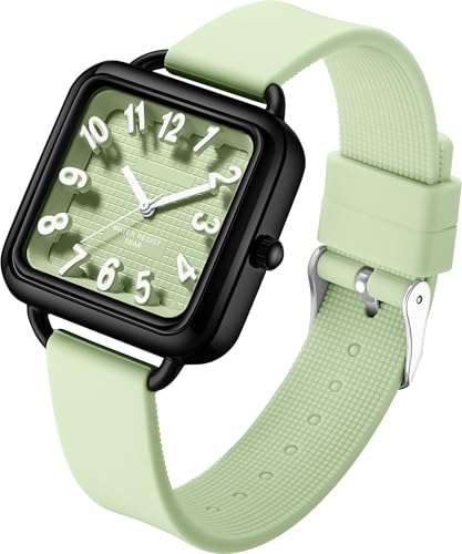 Damenuhr Quadratisch Einfache Minimalistische Uhren Wasserdicht Sport Analog Uhr Trendy Casual Retro Damenuhren 3D Scale Zifferblatt Silikonband Schwarz Blau Grün, grün von findtime