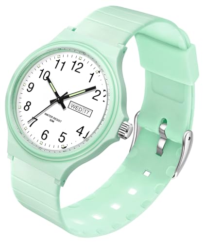 Damenuhr Wasserdicht Analog Uhren Sport Einfache Minimalistische Lässige Armbanduhr Leuchtende Damen Armbanduhr Kalender Sekundenzeiger Uhr für Frauen Mädchen Teenager, Grün_6060 von findtime