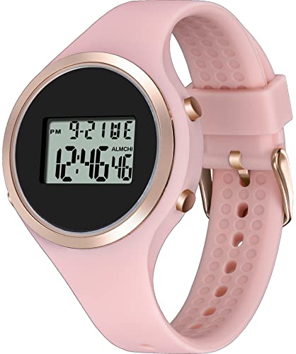 findtime Digital Damenuhr 5ATM wasserdichte Armbanduhren Damen Sport Digital Uhren mit Silikon Armband Stoopuhr Alarm Datum Beleuchtung Armbanduhr für Frauen Mädchen Rosa Schwarz von findtime