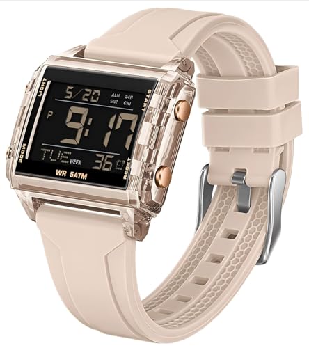 Digital Große Zahl Sportuhr Rechteckig Outdoor Wasserdicht Armbanduhr Transparent leuchtende ziffern mit Chronograph Stoppuhr Alarm Multifunktional Digitaluhr für Damen und Herren Beige Unique von findtime