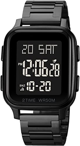 Digital Herren Uhren Edelstahl Digitale Armbanduhr 5ATM Wasserdicht Männer Uhr Multifunktions Digitaluhr mit Wecker Stoppuhr Kalender LED Dualzeit Eckiges Gehäuse von findtime