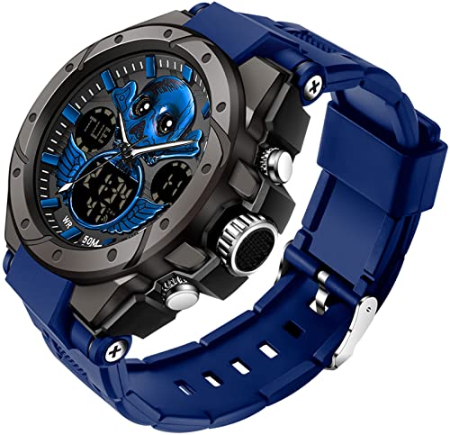 findtime Digital Sport Uhren Herren 5ATM Wasserdicht Militär Uhr Männer Sportuhr Schädel Armbanduhr mit Kalender Wecker LED Stoppuhr Analog Digitaluhr Jungen Outdoor Tactical Watch Blau von findtime