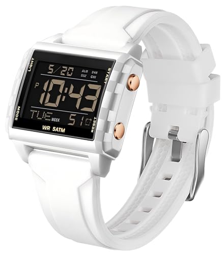 Digital Sportuhr Rechteckig Outdoor Wasserdicht Armbanduhr Transparent Große Zahl leuchtende ziffern mit Chronograph Stoppuhr Alarm Multifunktional Digitaluhr für Damen und Herren Gold Weiß Unique von findtime