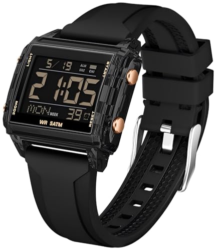 Digital Sportuhr Rechteckig Outdoor Wasserdicht Armbanduhr Transparent leuchtende ziffern mit Chronograph Stoppuhr Alarm Multifunktional Digitaluhr für Damen und Herren Gold Schwarz Große Zahl Unique von findtime