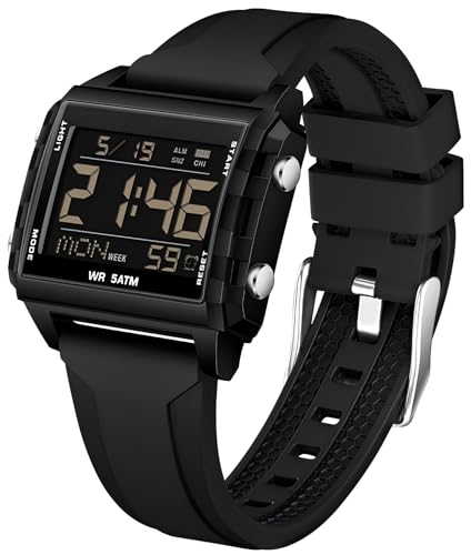 Digital Sportuhr Rechteckig Outdoor Wasserdicht Armbanduhr Transparent leuchtende ziffern mit Chronograph Stoppuhr Alarm Multifunktional Digitaluhr für Damen und Herren Schwarz Große Zahl Unique von findtime