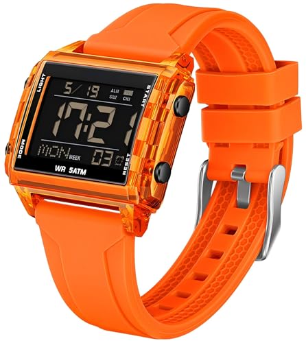 Digital Sportuhr Rechteckig Outdoor Wasserdicht Armbanduhr Transparent leuchtende ziffern mit Große Zahl Chronograph Stoppuhr Alarm Multifunktional Digitaluhr für Damen und Herren Orange Unique von findtime