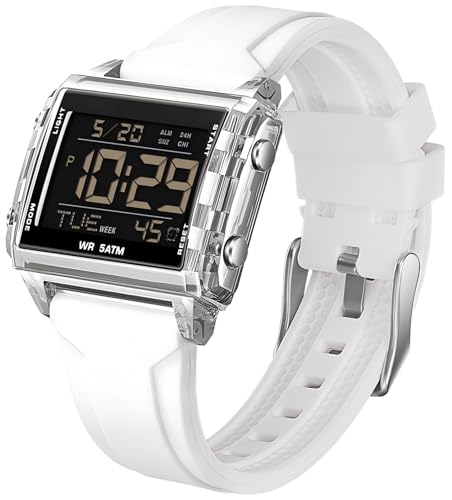 Digital Sportuhr Rechteckig Outdoor Wasserdicht Große Zahl Armbanduhr Transparent leuchtende ziffern mit Chronograph Stoppuhr Alarm Multifunktional Digitaluhr für Damen und Herren Weiß Unique von findtime